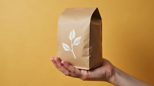 Gros plan d'une main tenant un emballage alimentaire en carton recyclé avec motifs abstraits minimalistes, éclairage naturel chaud