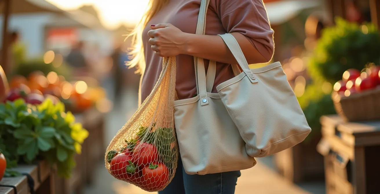 Mains tenant différents types de sacs réutilisables remplis de produits frais