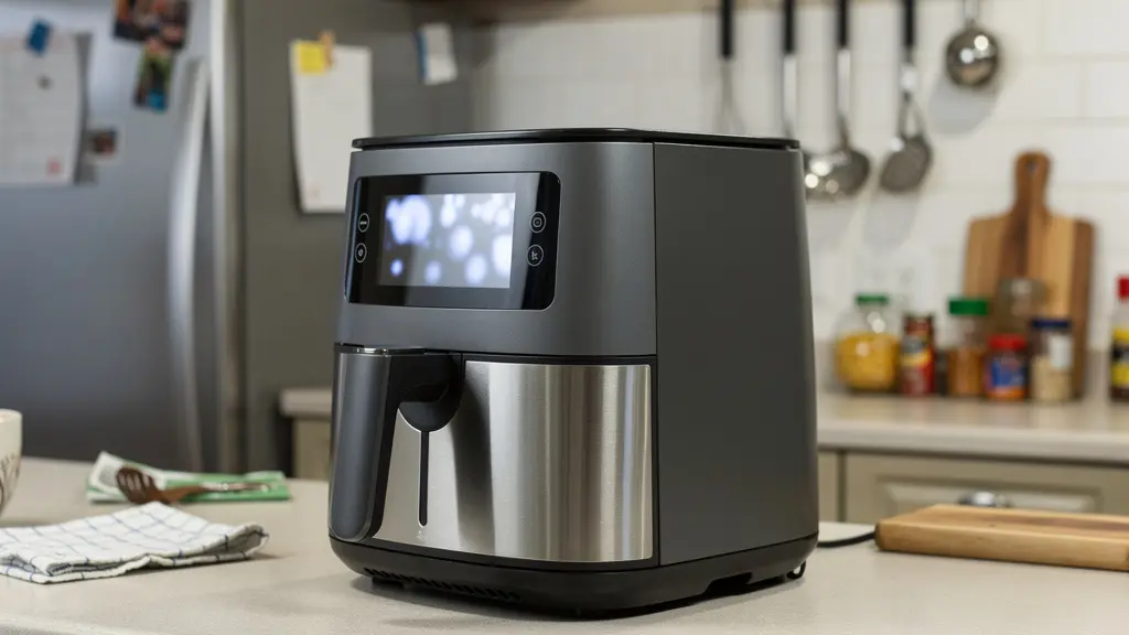 Air fryer en fonctionnement sur plan de travail dans cuisine familiale réaliste