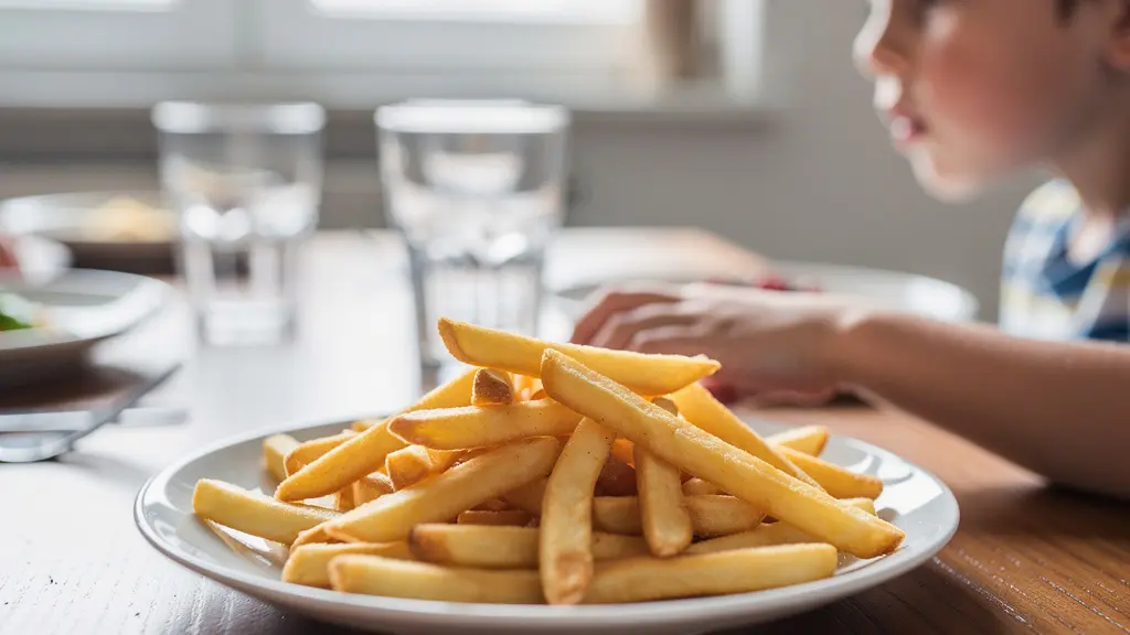 Assiette de frites dorées croustillantes sur table familiale avec enfant flou en arrière-plan