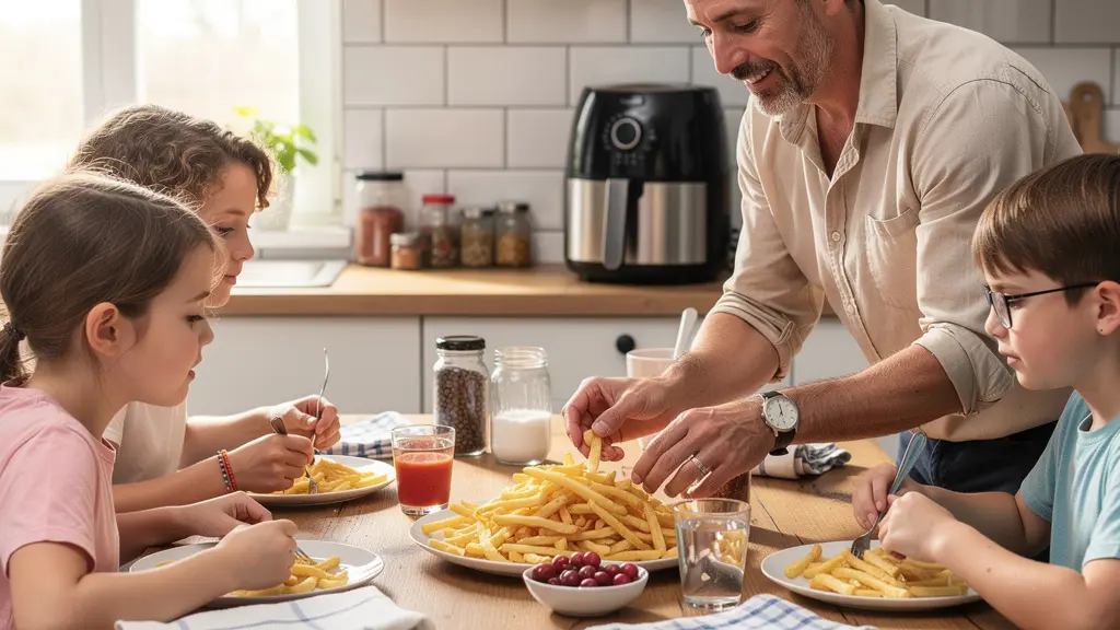 Famille servant des frites dorées préparées au air fryer dans une cuisine familiale