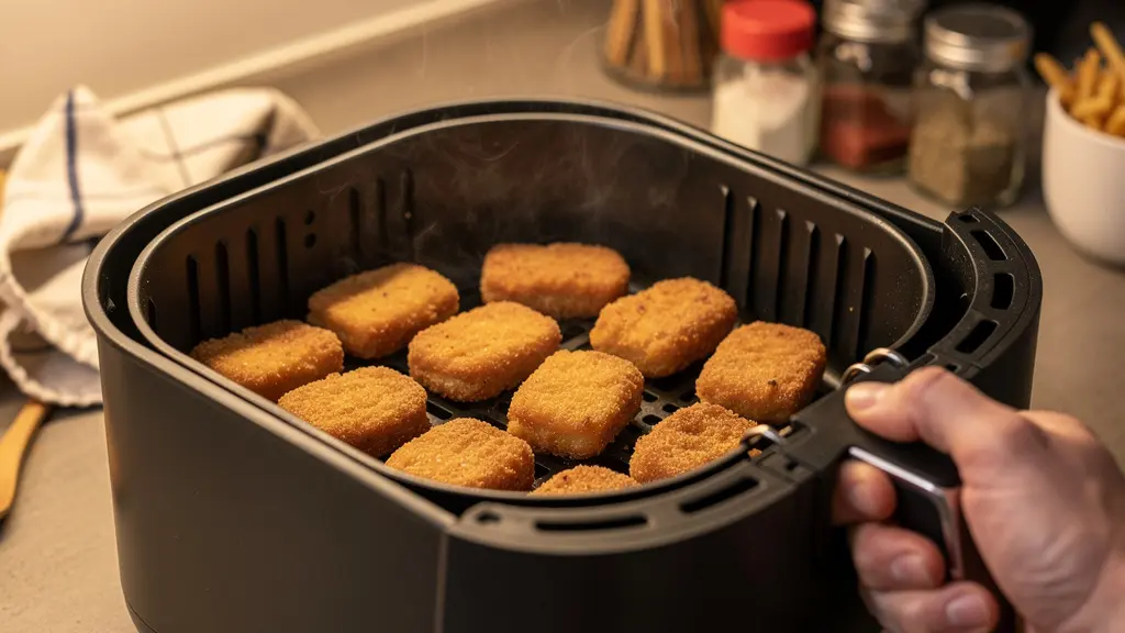 Panier de friteuse sans huile ouvert avec nuggets dorés fumants